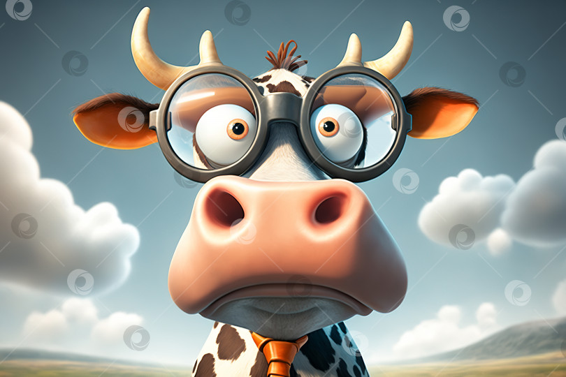 Скачать Корова в очках с удивленным выражением лица и большими глазами, мультяшная комическая иллюстрация крупного рогатого скота на открытом воздухе. Порождающий искусственный интеллект фотосток Ozero