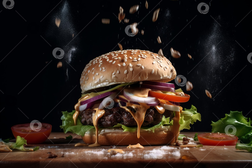 Скачать Свежеприготовленный классический бургер быстрого приготовления. Крупный план гамбургера с котлетой, овощами и соусом. Порождающий искусственный интеллект фотосток Ozero