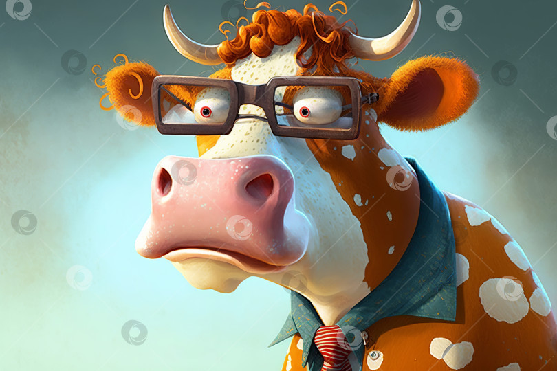 Скачать Забавная пятнистая кудрявая удивленная корова в очках, мультяшная иллюстрация крупного рогатого скота. Порождающий искусственный интеллект фотосток Ozero