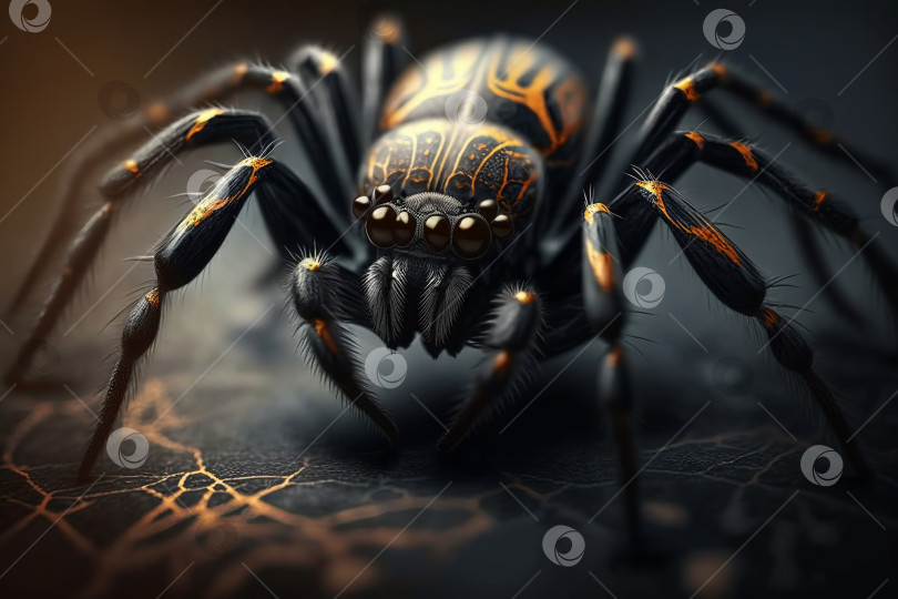 Скачать Опасный черно-желтый паук на открытом воздухе, крупным планом. Ужасный облигатный членистоногий хищник. Иллюстрация, созданная генеративным искусственным интеллектом фотосток Ozero