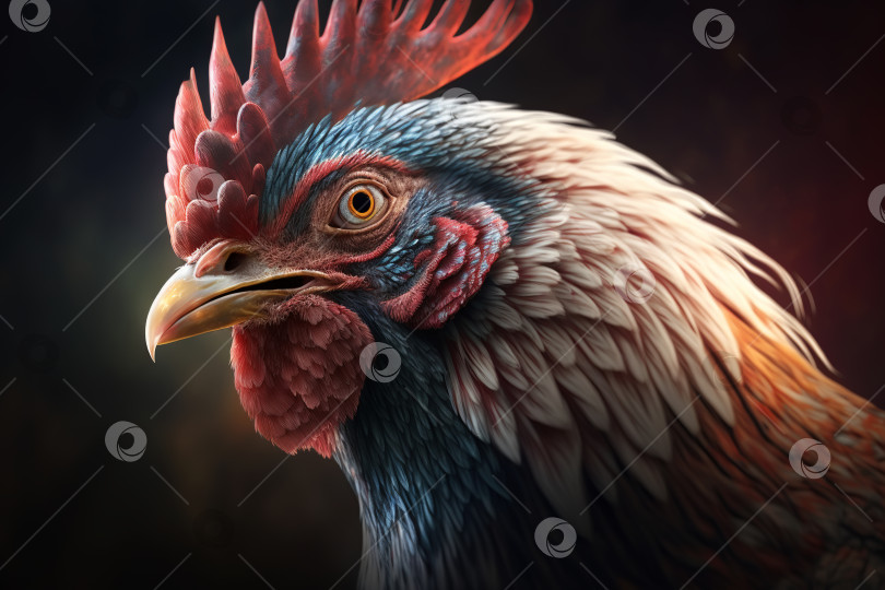 Скачать Портрет петуха с красным гребнем и клювом, вид сбоку. Иллюстрация птиц, созданная с помощью генеративного искусственного интеллекта фотосток Ozero