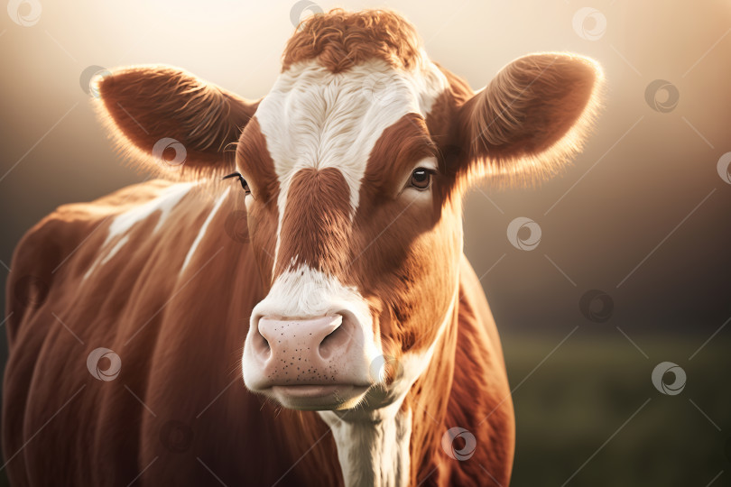 Скачать Милая красивая коричневая корова на открытом воздухе в солнечный день. Порождающий искусственный интеллект фотосток Ozero