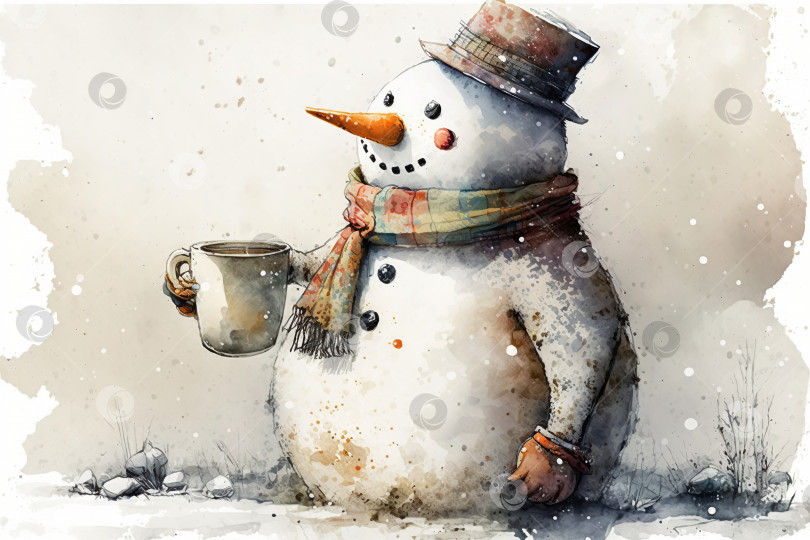Скачать Счастливый украшенный снеговик в шапке и шарфе с кружкой горячего напитка на зимнем снежном сезонном празднике. Акварельная рождественская иллюстрация, генеративный искусственный интеллект фотосток Ozero