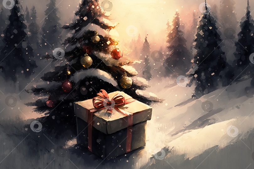 Скачать Рождественская подарочная коробка-сюрприз под рождественской елкой в зимнем заснеженном лесу. Акварельная иллюстрация, генеративный искусственный интеллект фотосток Ozero