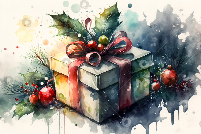 Скачать Рождественский подарок, подарочная коробка, украшенная лентой и остролистом. Акварельная рождественская иллюстрация, генеративный искусственный интеллект фотосток Ozero