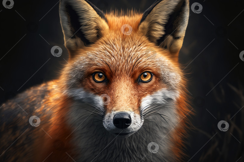 Скачать Портрет рыжей хитрой хищной лисы, смотрящей в камеру. Иллюстрация искусственного интеллекта, порождающего животных фотосток Ozero