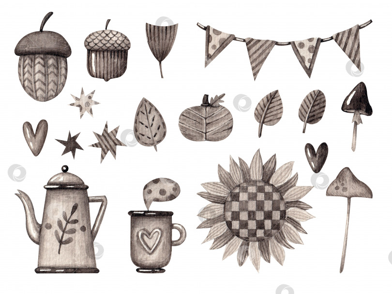 Скачать Коллекция черно-белых осенних иллюстраций: домик, гриб, чайник и чашка, листья, желуди и тыква. фотосток Ozero