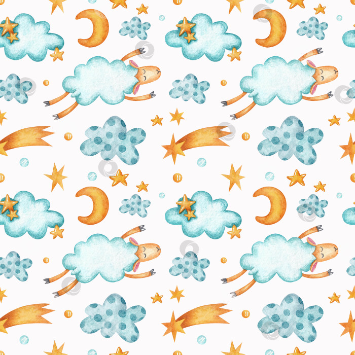 Скачать Бесшовный узор с овечками, облаками, звездами и кометами на белом фоне. фотосток Ozero