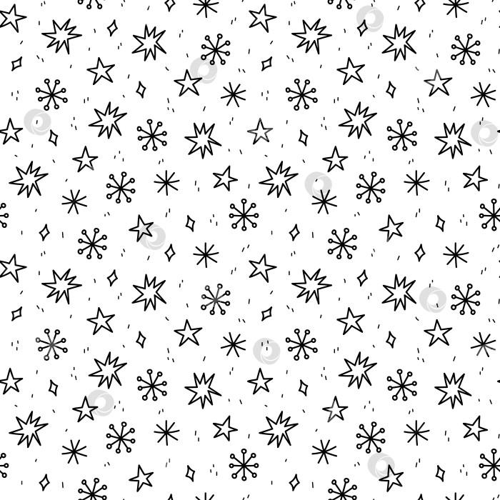 Скачать Милый зимний бесшовный узор со снежинками и звездами. Векторная иллюстрация каракулей, нарисованная от руки. Идеально подходит для оберточной бумаги, украшений, обоев, праздничных и рождественских дизайнов. фотосток Ozero