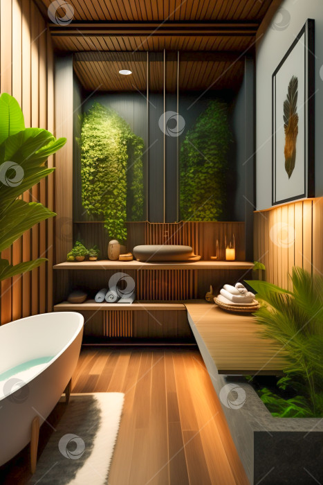 Скачать Интерьер стильной современной ванной комнаты в отеле на острове Бали. Ванная комната с деревянными элементами декора и большими зелеными растениями. Генеративный искусственный интеллект. фотосток Ozero