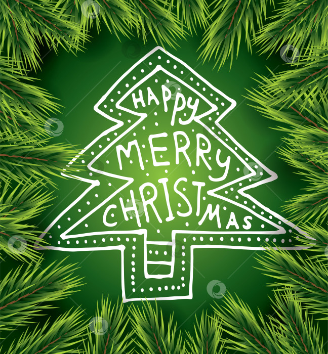 Скачать Рождественская открытка с белой елкой на зеленом фоне и сосновой веткой. фотосток Ozero