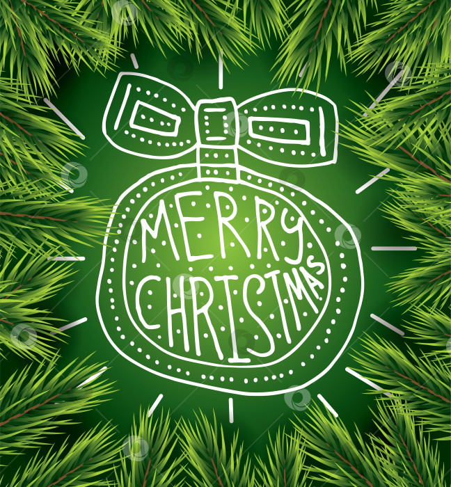 Скачать Рождественская открытка с белым шаром на зеленом фоне и сосновой веткой. фотосток Ozero