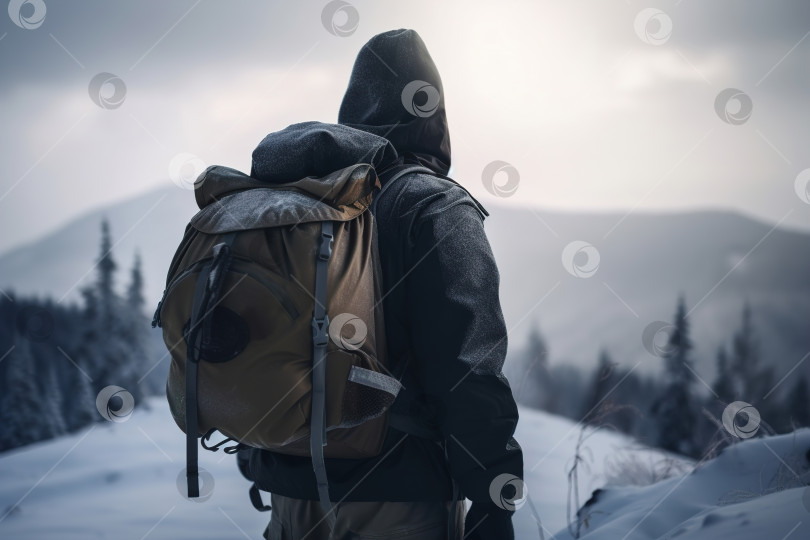 Скачать Мужчина-путешественник в капюшоне и с походным рюкзаком, стоящий в заснеженных горах, вид сзади. Путешествия, зимние походы, туризм, концепция активного образа жизни. Порождающий искусственный интеллект фотосток Ozero