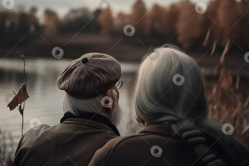 Скачать Пожилая пара отдыхает вместе на берегу озера осенним вечером, пенсионеры наслаждаются спокойствием и природой на свежем воздухе. Вид сзади, крупным планом. Порождающий искусственный интеллект фотосток Ozero