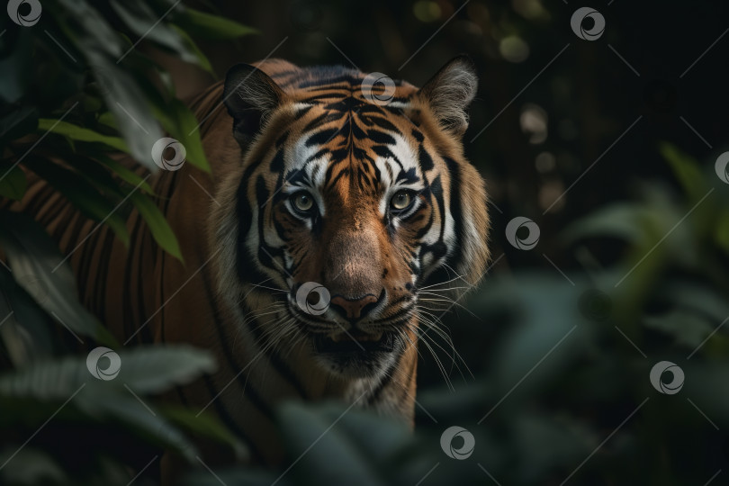 Скачать Опасный тигр в джунглях. Полосатый хищник, дикое животное в лесу смотрит в камеру. Порождающий искусственный интеллект фотосток Ozero