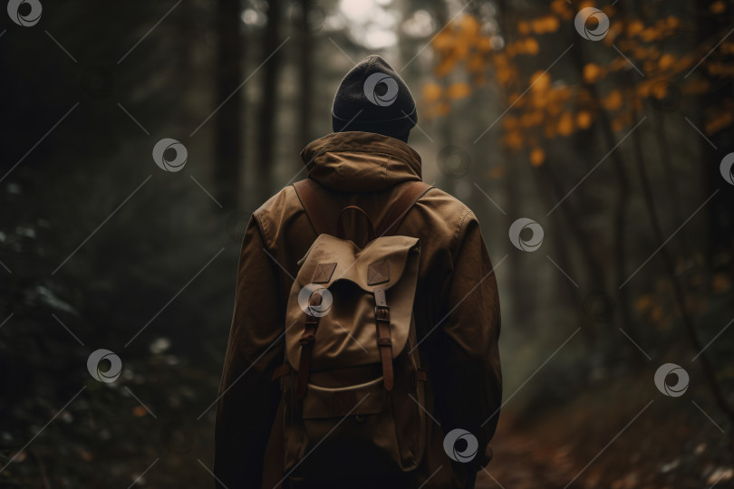 Скачать Путешествия, активный образ жизни, туризм, концепция поездки. Вид сзади на мужчину в шляпе, куртке и с рюкзаком в лесу, путешественника-туриста в походе на природе. Порождающий искусственный интеллект фотосток Ozero