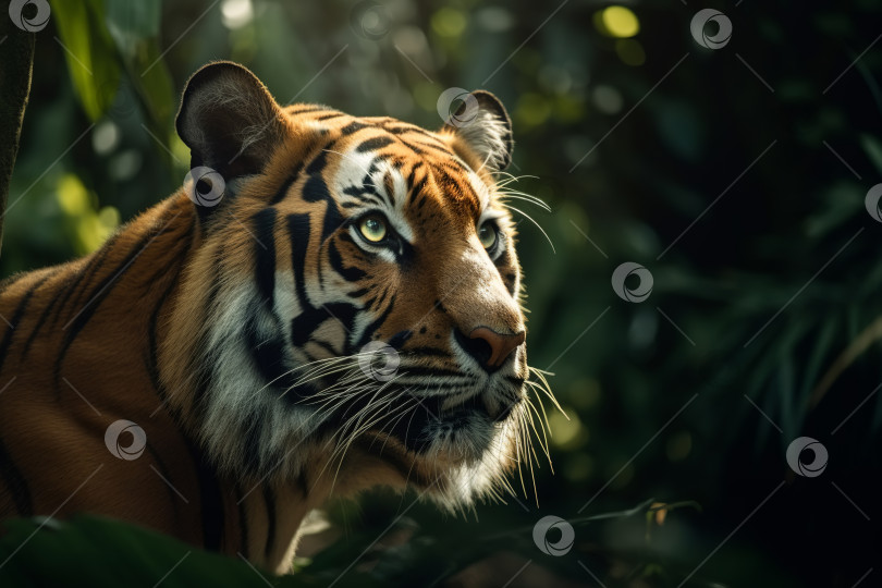 Скачать Красивый тигр в джунглях. Опасный полосатый хищник, смотрящий вдаль в лесу. Порождающий искусственный интеллект фотосток Ozero
