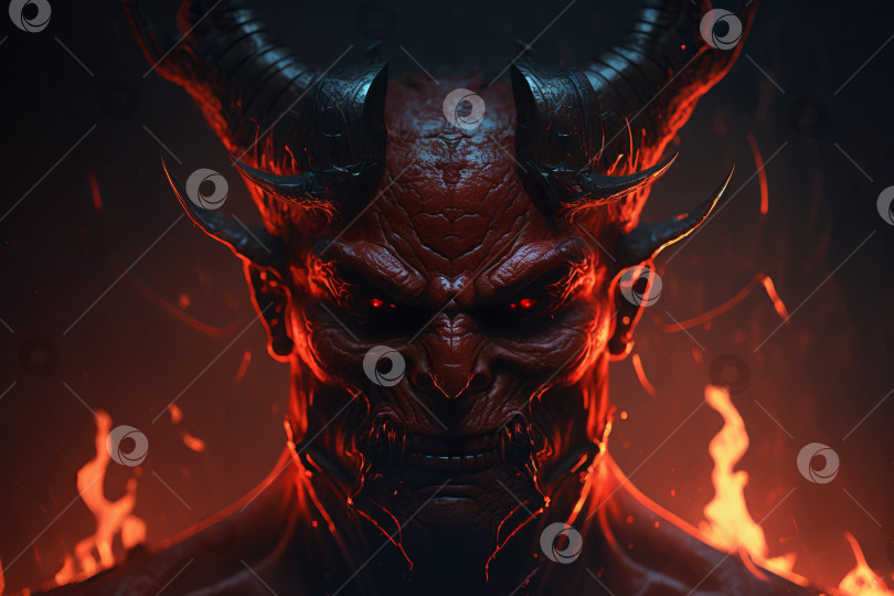 Скачать Злой красный дьявол, концепция сатаны с рогами в аду. Портрет пугающего монстра в пламени, с ужасным взглядом. Иллюстрация Хорора в стиле темного фэнтези, порождающий искусственный интеллект фотосток Ozero