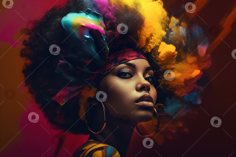 Скачать Гордая красивая чернокожая афроамериканка с яркими цветами в волосах. Молодая афроамериканка уверенно смотрит в камеру. Женственность, концепция женской красоты. Порождающий искусственный интеллект фотосток Ozero