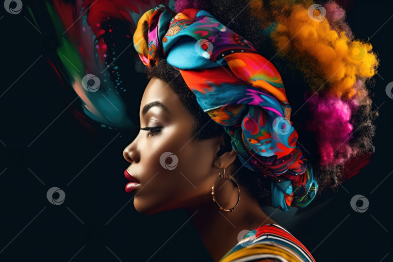 Скачать Женственность, концепция женской красоты. Портер - профиль чернокожей афроамериканки с яркими красками на прическе. Порождающий искусственный интеллект фотосток Ozero