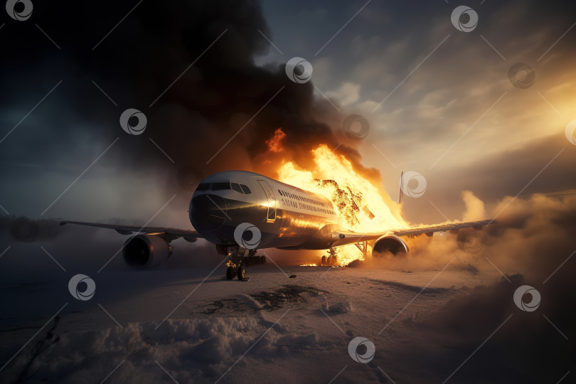 Скачать Горящий пламенем пассажирский самолет на заснеженном поле в зимний день. Авиакатастрофа. Порождающий искусственный интеллект фотосток Ozero