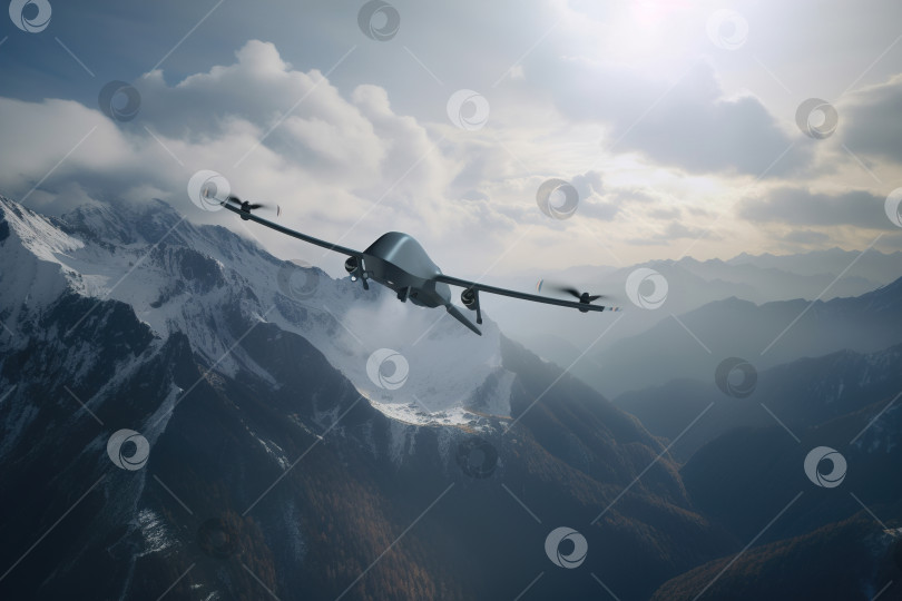 Скачать Военный разведывательный беспилотник, летящий в небе в горах. Порождающий искусственный интеллект фотосток Ozero