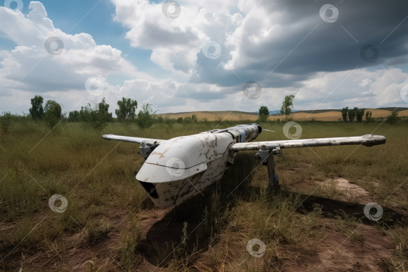 Скачать Разбитый военный беспилотник в поле. Сбитый брошенный военный разведывательный самолет. Порождающий искусственный интеллект фотосток Ozero