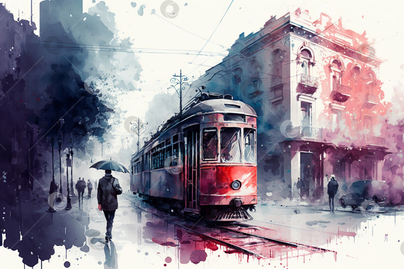 Скачать Мокрый город, абстрактная дождливая европейская улица. Красный трамвай и люди с зонтиками - акварельная иллюстрация в стиле гранж. Порождающий искусственный интеллект фотосток Ozero
