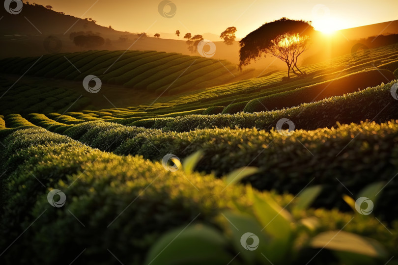 Скачать Холмы чайной плантации. Ряды кустов свежего зеленого чая на ферме на закате. Порождающий искусственный интеллект фотосток Ozero