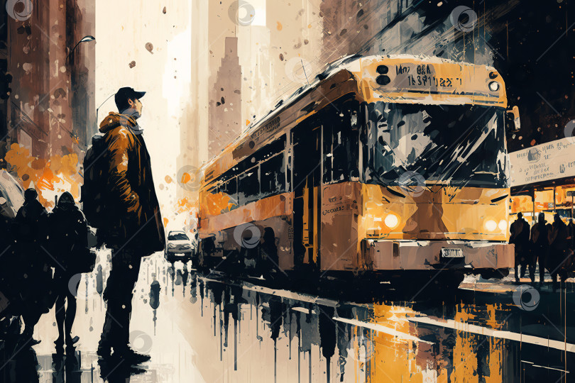 Скачать Мокрый город, абстрактный дождливый город. Желтый автобус, улица и люди - акварельная иллюстрация в стиле гранж. Порождающий искусственный интеллект фотосток Ozero