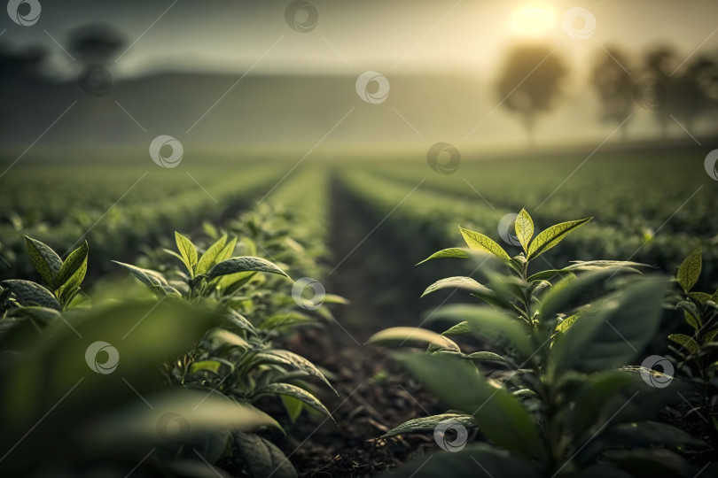 Скачать Крупный план рядов зеленого свежего чайного куста на открытом воздухе. Чайная плантация. Порождающий искусственный интеллект фотосток Ozero