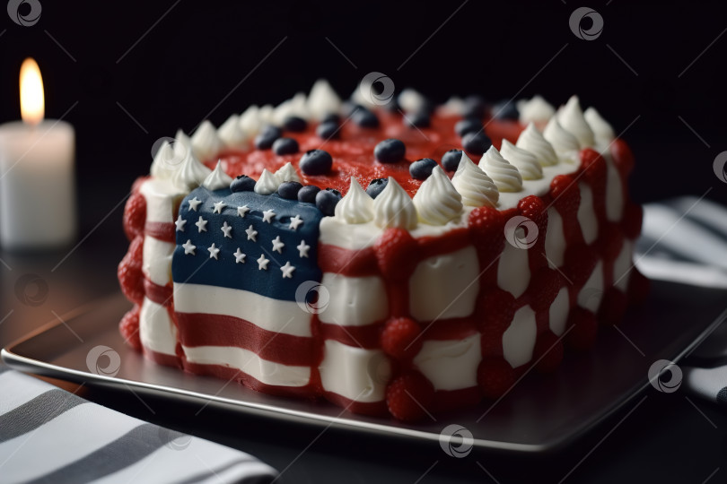 Скачать Празднование дня независимости США, патриотическая концепция. Торт в цветах национального символа американского флага и свечи, праздничный десерт. Порождающий искусственный интеллект фотосток Ozero