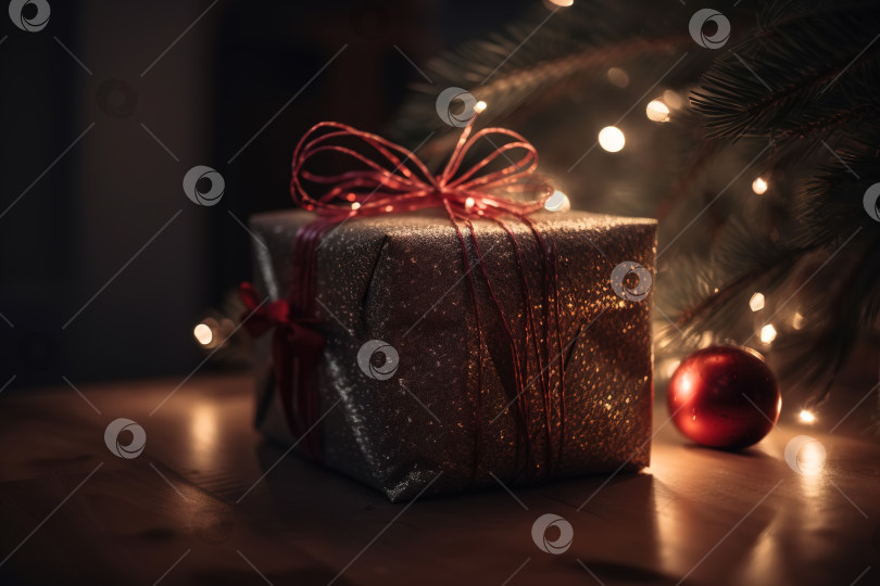 Скачать Крупный план завернутой подарочной коробки с сюрпризом возле рождественской елки, в помещении. Порождающий искусственный интеллект фотосток Ozero