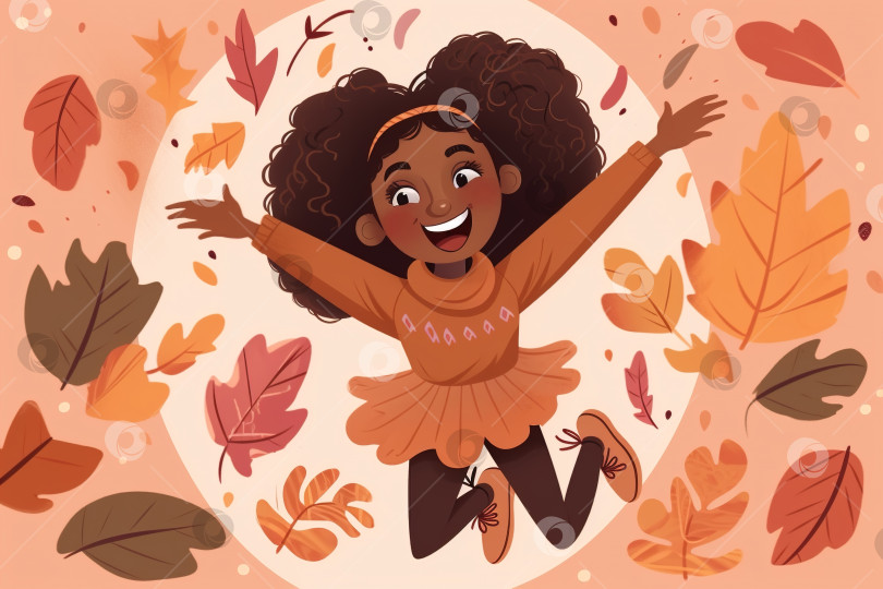 Скачать Осенний праздник и радостная девушка. Веселая смеющаяся афроамериканка прыгает по осенним листьям. Плоская иллюстрация, генеративный искусственный интеллект фотосток Ozero