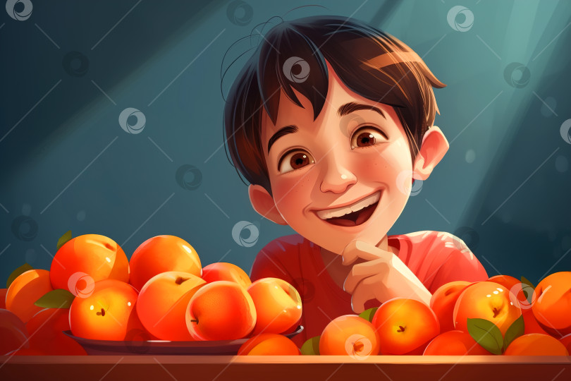 Скачать Счастливый мальчик и фрукты. Мультяшная иллюстрация с изображением веселого ребенка и спелых яблок. Порождающий искусственный интеллект фотосток Ozero