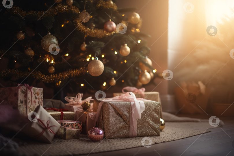 Скачать Подарки и рождественская елка, украшенные гирляндами и шарами солнечным рождественским утром. Порождающий искусственный интеллект фотосток Ozero