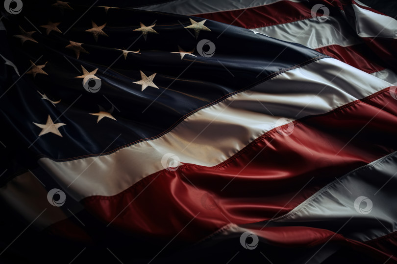 Скачать Американский звездно-полосатый волнистый флаг крупным планом. Государственный символ, концепция дня независимости США. Порождающий искусственный интеллект фотосток Ozero