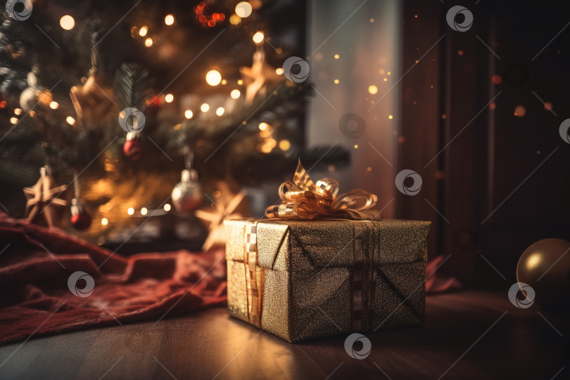 Скачать Подарочная коробка-сюрприз в золотой упаковке, украшенная лентой, под рождественской елкой в помещении. Концепция праздника "С наступающим Новым годом и Рождеством". Порождающий искусственный интеллект фотосток Ozero