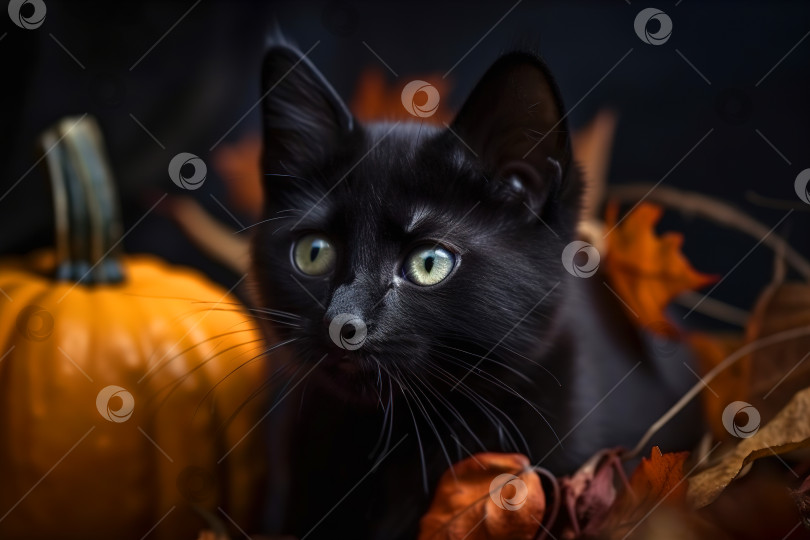 Скачать Черный котенок и осенние тыквы, настроение Хэллоуина. Порождающий искусственный интеллект фотосток Ozero