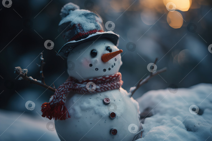 Скачать Улыбающийся маленький снеговик зимним вечером на открытом воздухе. Порождающий искусственный интеллект фотосток Ozero