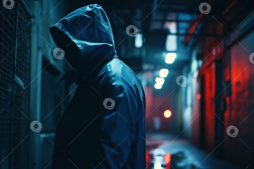 Скачать Вид сбоку на неузнаваемого мужчину в куртке с капюшоном, скрывающего свою личность, в переулке дождливой ночью. Порождающий искусственный интеллект фотосток Ozero