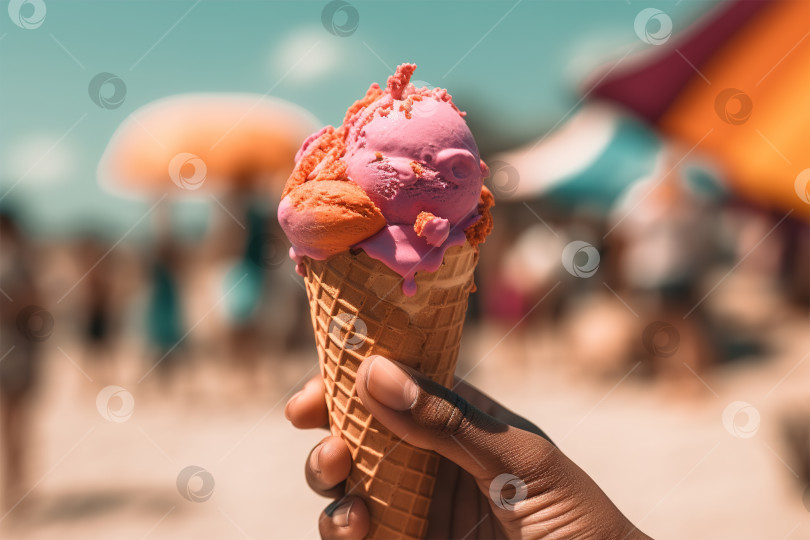 Скачать Крупным планом рука чернокожей женщины, держащей разноцветное освежающее мороженое в вафельном рожке на пляже во время отпуска. Порождающий искусственный интеллект фотосток Ozero