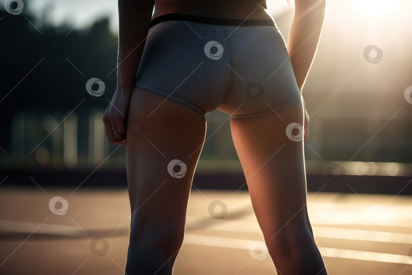 Скачать Стройная спортсменка, мускулистые ноги бегуньи в коротких спортивных шортах на стадионе солнечным утром. Вид сзади, крупным планом. Порождающий искусственный интеллект фотосток Ozero