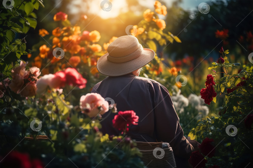 Скачать Пожилая женщина-садовник в соломенной шляпе отдыхает в цветнике в солнечный день, сидя на скамейке на природе. Отпуск на пенсии. Крупный план, вид сзади. Порождающий искусственный интеллект фотосток Ozero