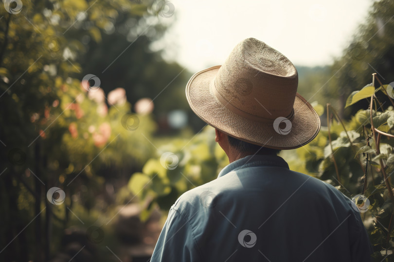 Скачать Вид сзади на старого садовника-мужчину в соломенной шляпе в саду на открытом воздухе в солнечный день, крупным планом. Хобби - садоводство, цветоводство на пенсии. Порождающий искусственный интеллект фотосток Ozero