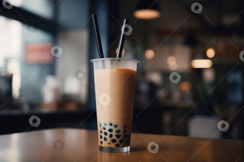 Скачать Освежающий сладкий напиток bubble tea с двумя соломинками в кафе на столике, крупным планом. Порождающий искусственный интеллект фотосток Ozero