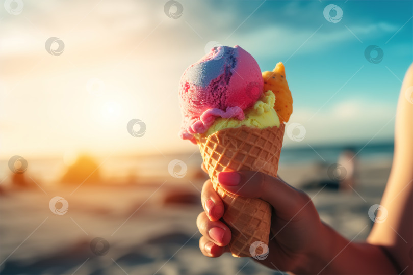 Скачать Женская рука показывает разноцветное мороженое в вафельном рожке в солнечный день на пляже у моря, копия space. Порождающий искусственный интеллект фотосток Ozero