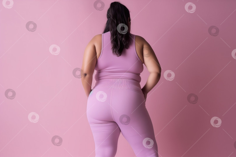 Скачать Концепция телесного позитива. Огромная пухленькая мексиканка в фиолетовой обтягивающей одежде в студии, вид сзади. Порождающий искусственный интеллект фотосток Ozero
