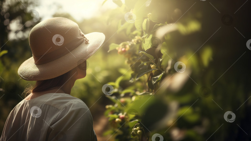 Скачать Неузнаваемая молодая женщина-садовник в соломенной шляпе в цветущем саду в солнечный день. Порождающий искусственный интеллект фотосток Ozero