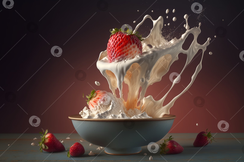 Скачать Восхитительный десерт со сливками и спелой красной клубникой. Веганский йогурт. Порождающий искусственный интеллект фотосток Ozero